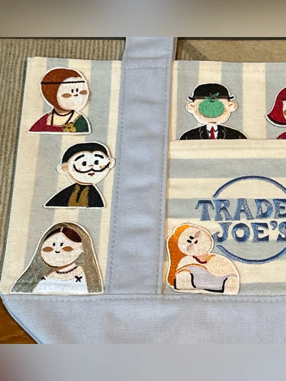 Upcycled Trader Joe's Light Blue Canvas Tote Bag with Art & Artists Patches